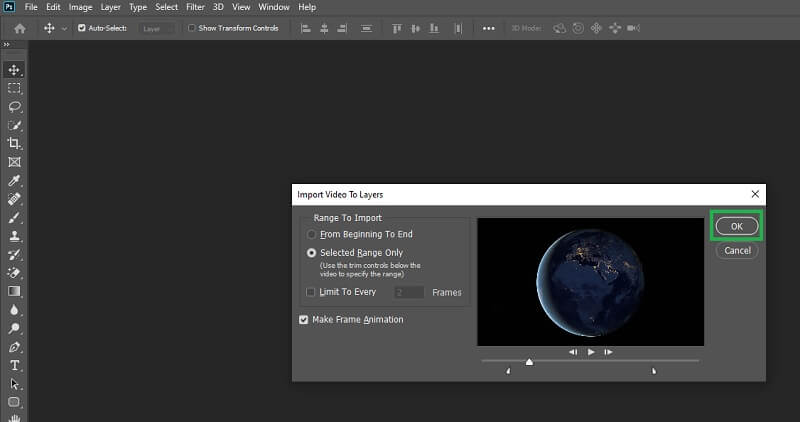 Photoshop GIF Maker Pilih Rentang Video