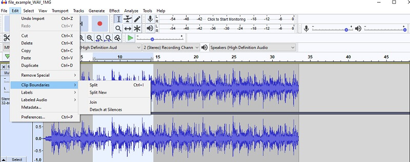 Recortador de audio de fragmentos de corte Audacity