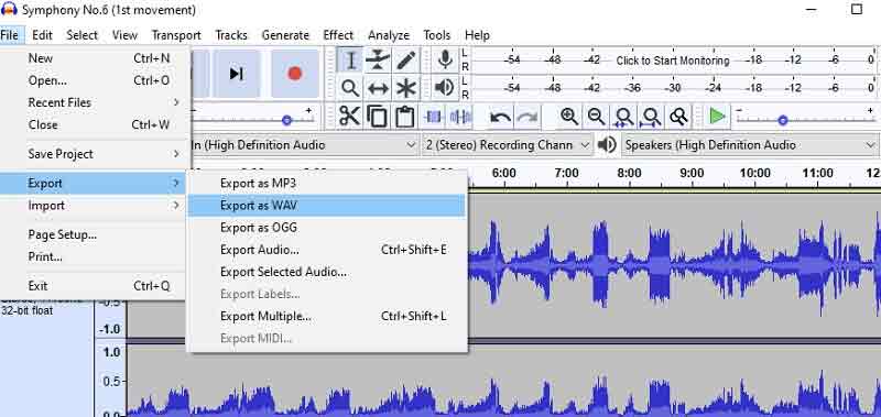 Exportar Audacity para WAV M4A para WAV