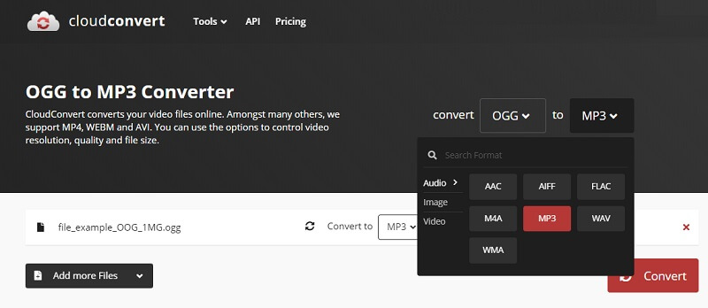 क्लाउड कन्वर्ट इंटरफ़ेस OGG से MP3