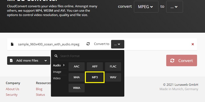 C;oud 변환 선택 출력 MPEG를 MP3로 변환