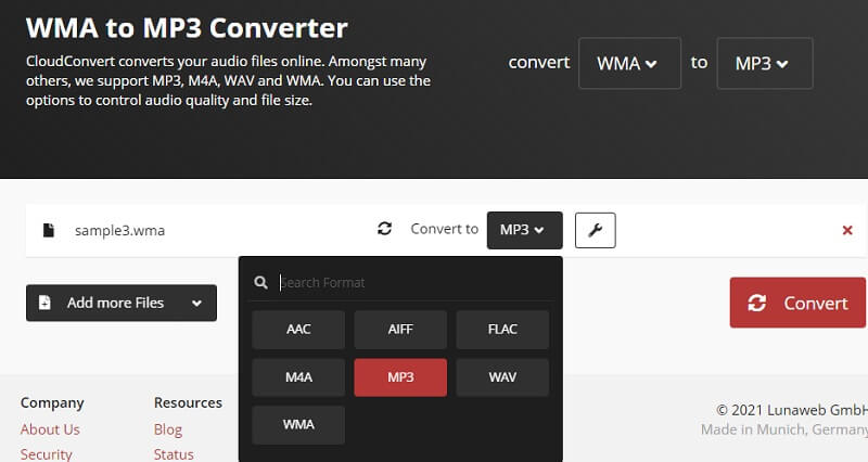 क्लाउड कन्वर्ट आउटपुट WMAA से MP3 . का चयन करें