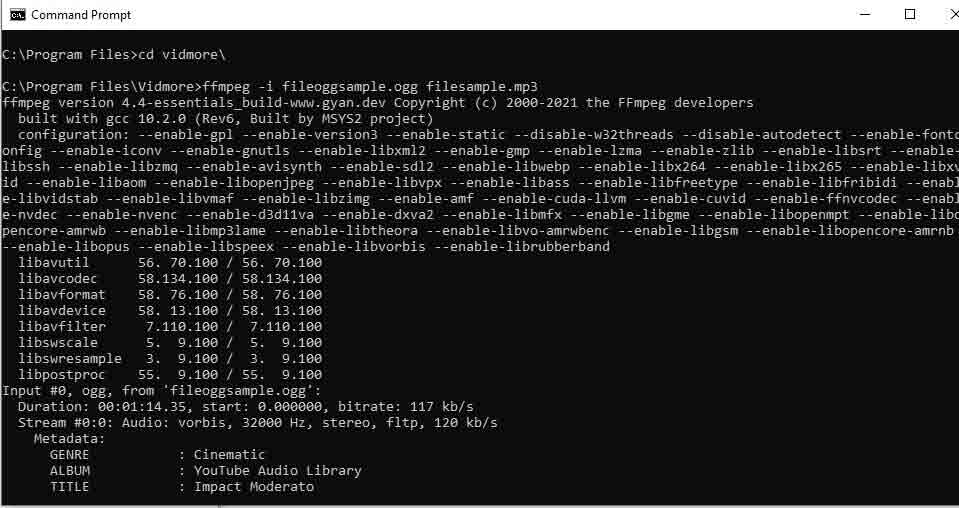 Command Prompt Chuyển đổi quy trình FFmpeg OGG sang MP3