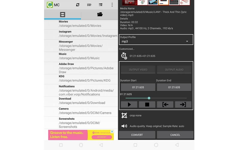 Media Converter Android Interface Trim MP3 datoteka