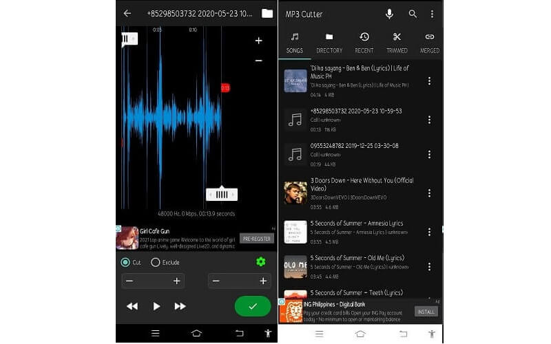 MP3 vágó Android interfész audio trimmer