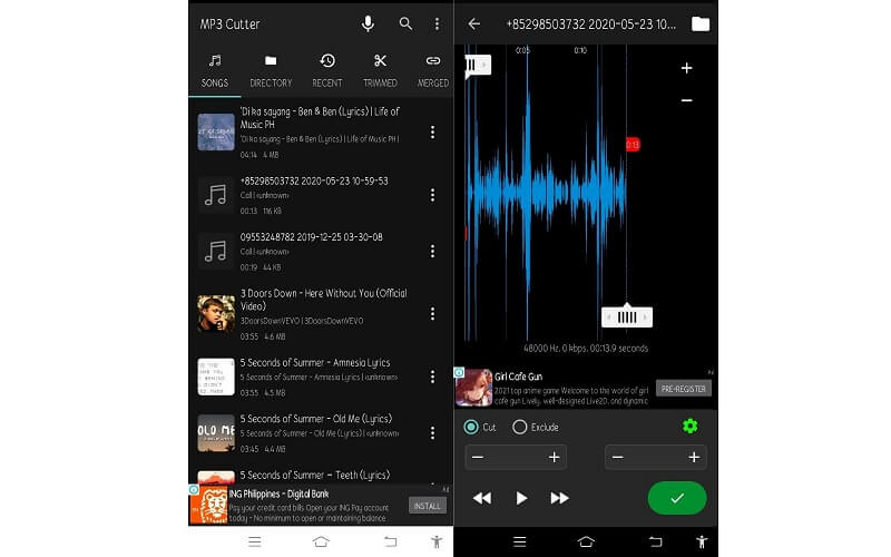 MP3 Cutter Android -interface MP3 Cutter