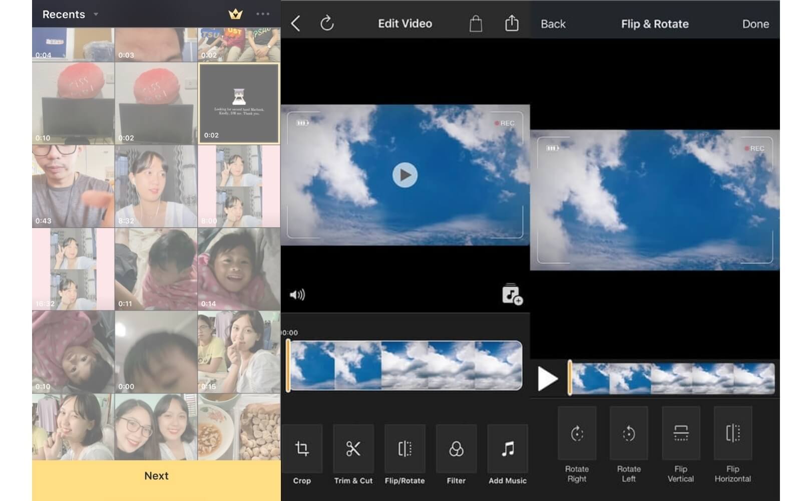 Interfaccia di ritaglio video App per la rotazione dei video