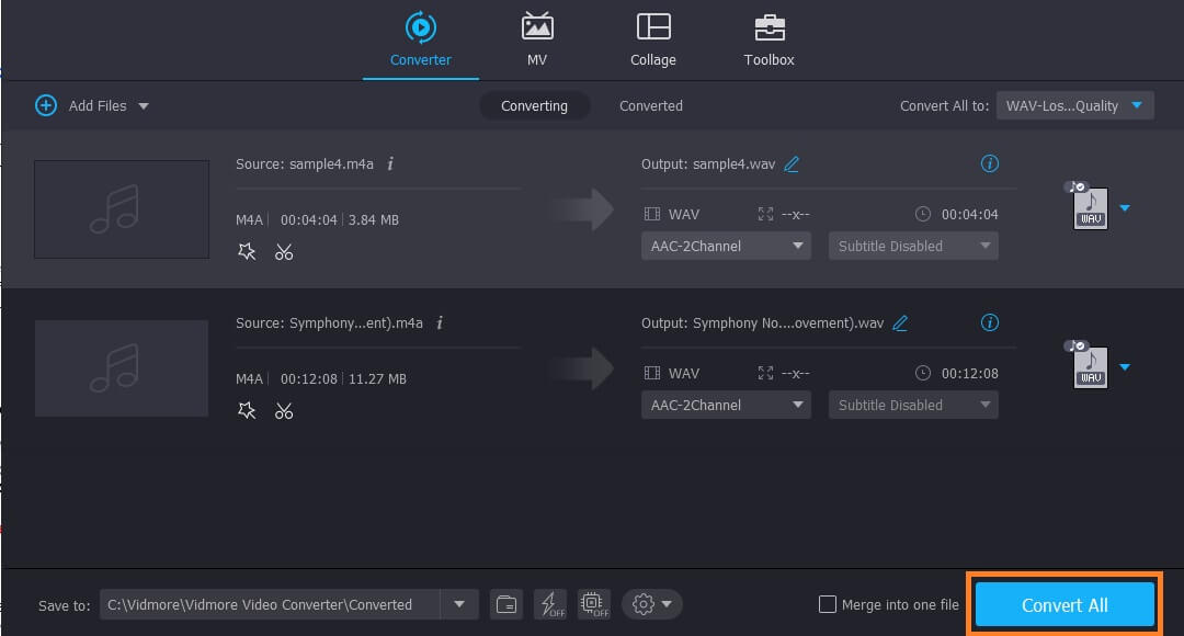 Vidmore Vc Salvar saída M4A para WAV