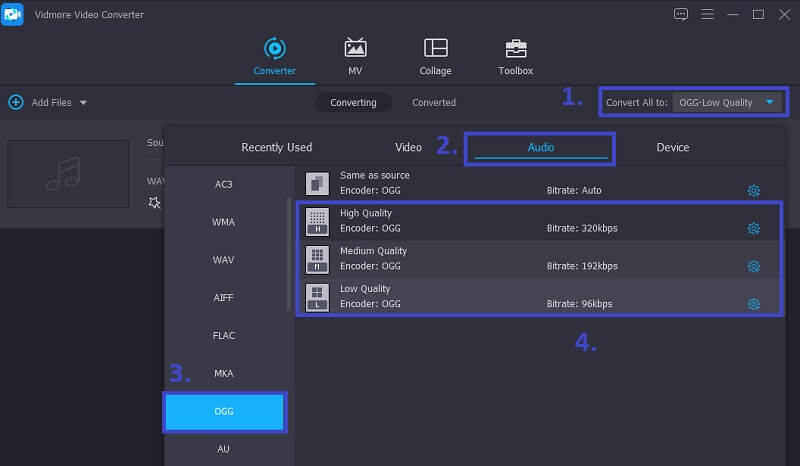 Vidmore Vc Selecione o formato WAV para OGG