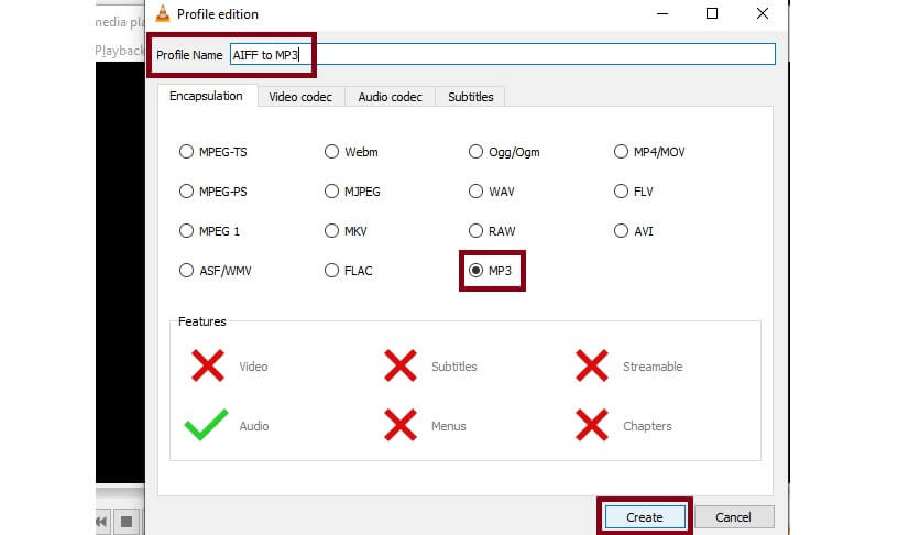VLC Player Create Profile AIFF To MP3
