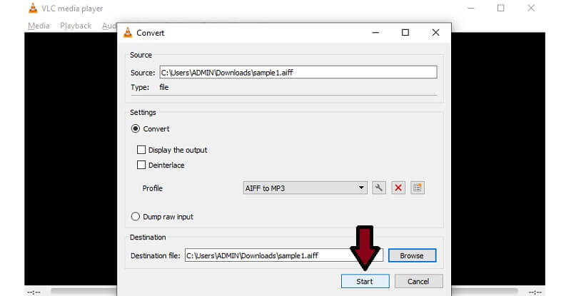 VLC Player Start konvertering AIFF til MP3