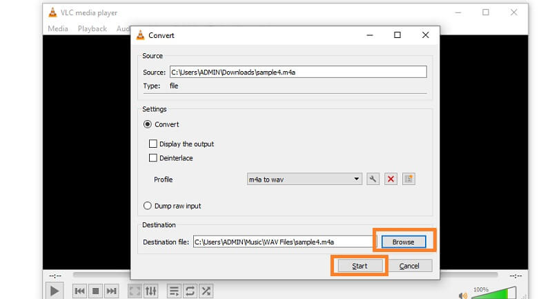 VLC Select Start Conversion M4A To WAV