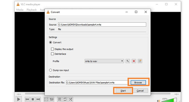 VLC Vælg Start konvertering M4A til WAV
