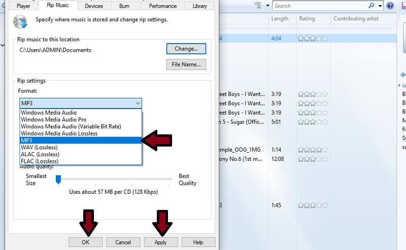 A Windows Media Player konvertálja az AIFF AIFF fájlt MP3 -ra