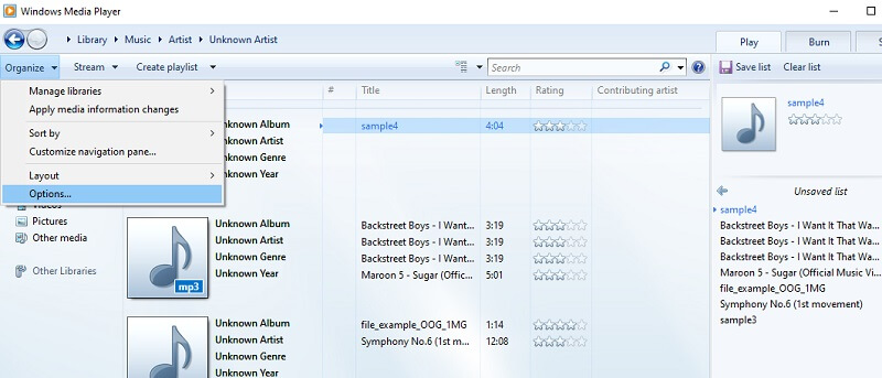 Windows Media Player Abrir configurações de ripar AIFF para MP3