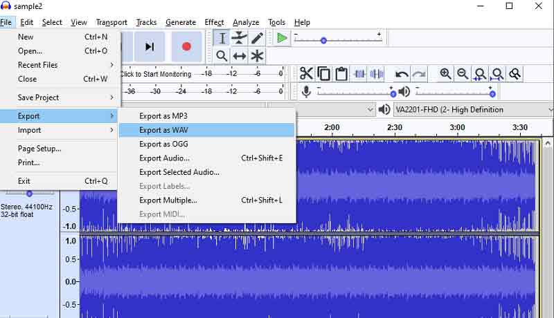 Audacity Export Flac în WAV