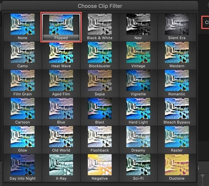 iMovie Elegir filtro de clip volteado