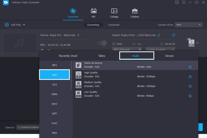 Vidmore เลือกรูปแบบ AAC