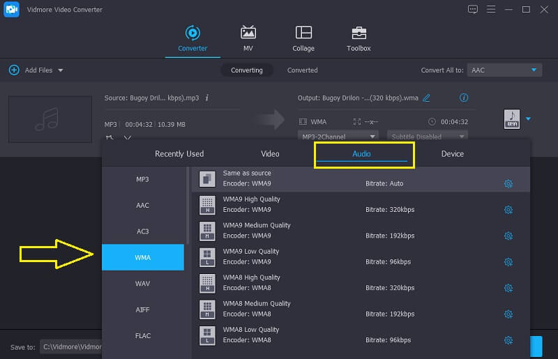 Vidmore Odaberite WMA datoteku