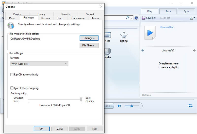 Windows Media Player sučelje Audio za WAV