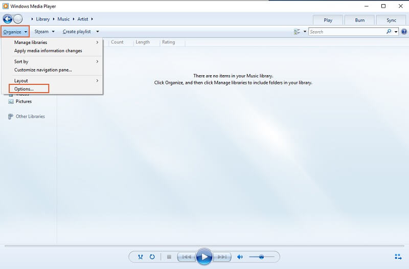 Interfaz de Windows Media Player