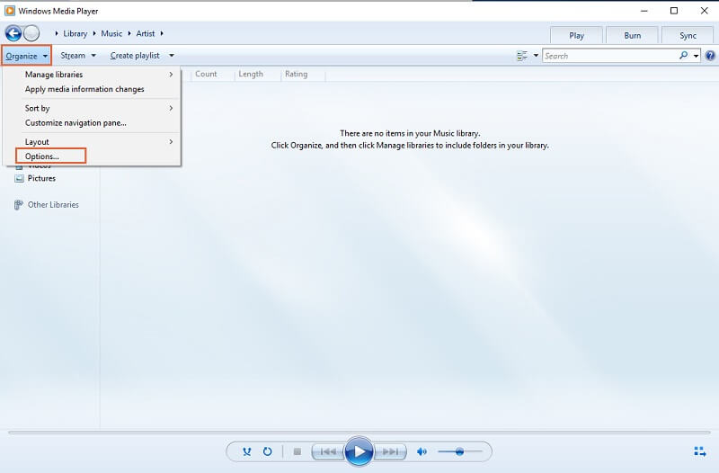 Interfaccia di Windows Media Player