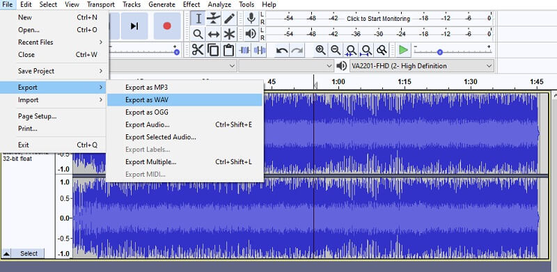 Audacity конвертировать файл AAC в WAV