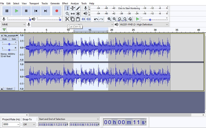 File WAV di taglio di Audacity