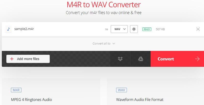 Strumento Convertio Conversione da M4R a WAV