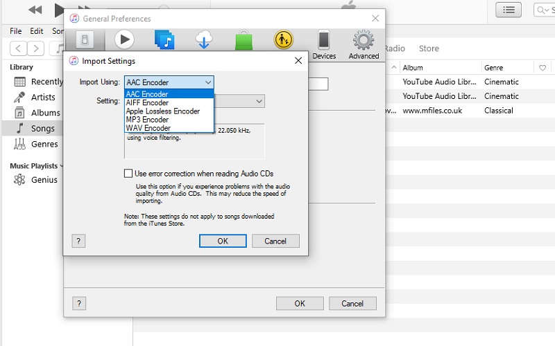 Interface de conversão de áudio do iTunes