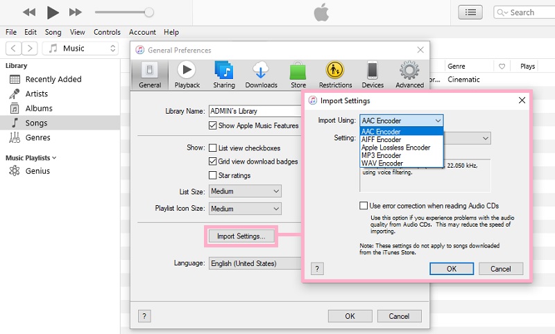 iTunes Import Settings Menu