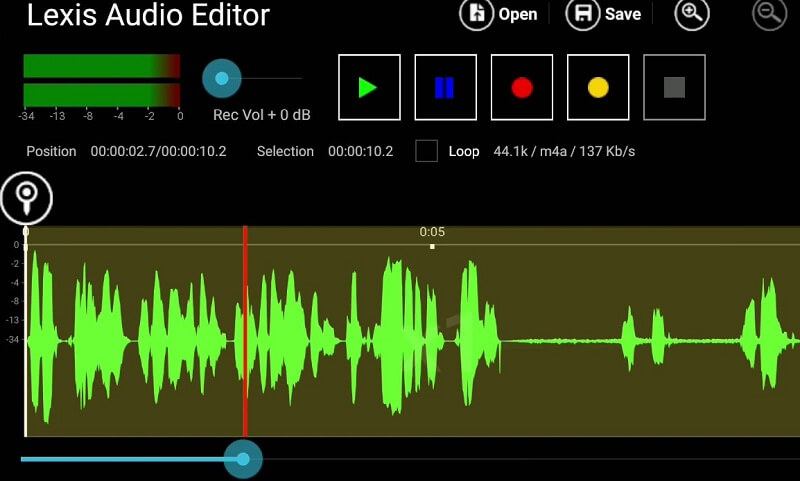 Interface móvel do Lexis Audio Editor