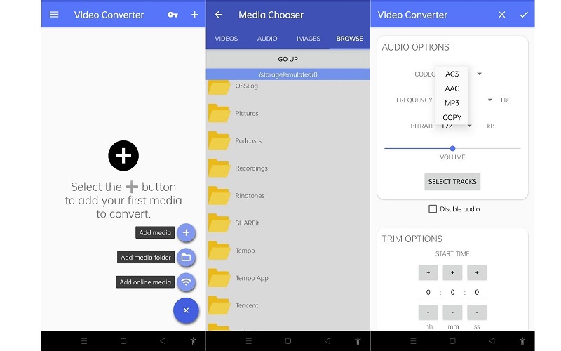 Media Converter Android-käyttöliittymä