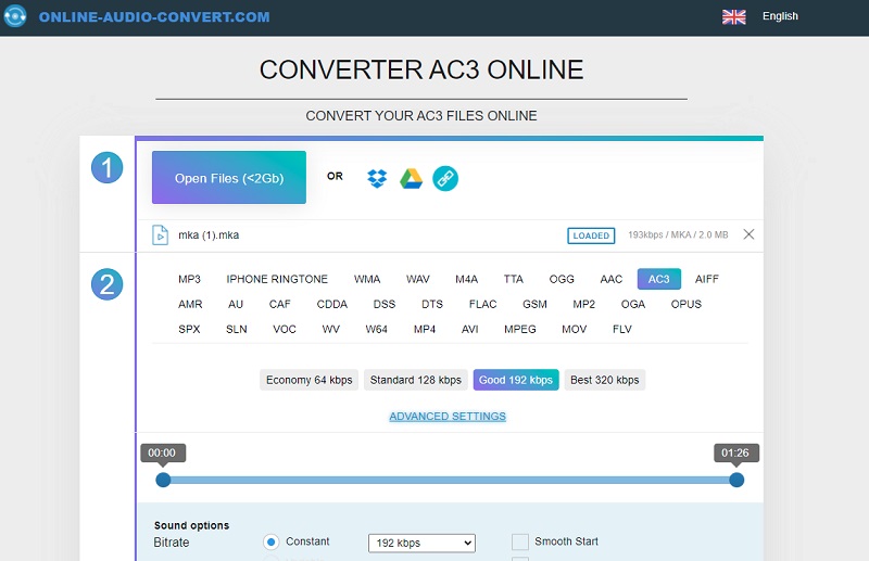 Online Audio Convert -pääliittymä