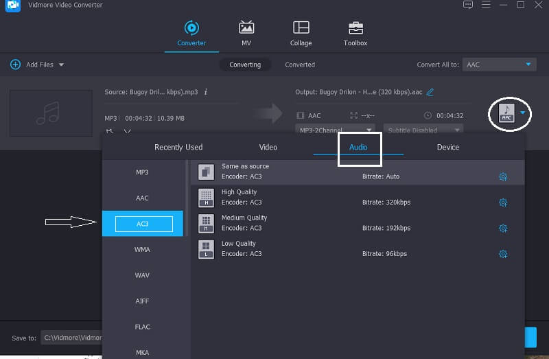 Vidmore Chọn định dạng AC3