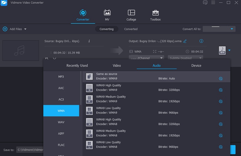 Vidmore Choose WMA Format