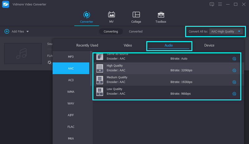 Vidmore AAC-profiel kiezen