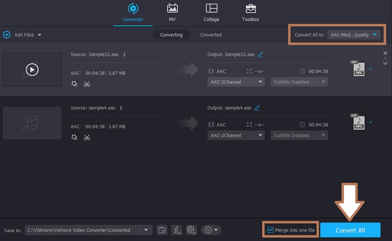 Vidmore AAC Dosyalarını Birleştir