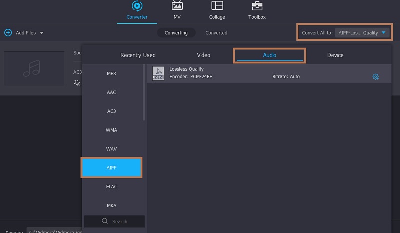 Vidmore เลือกรูปแบบ AIFF