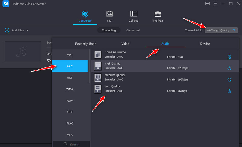 Vidmore Select Audio Format Profile