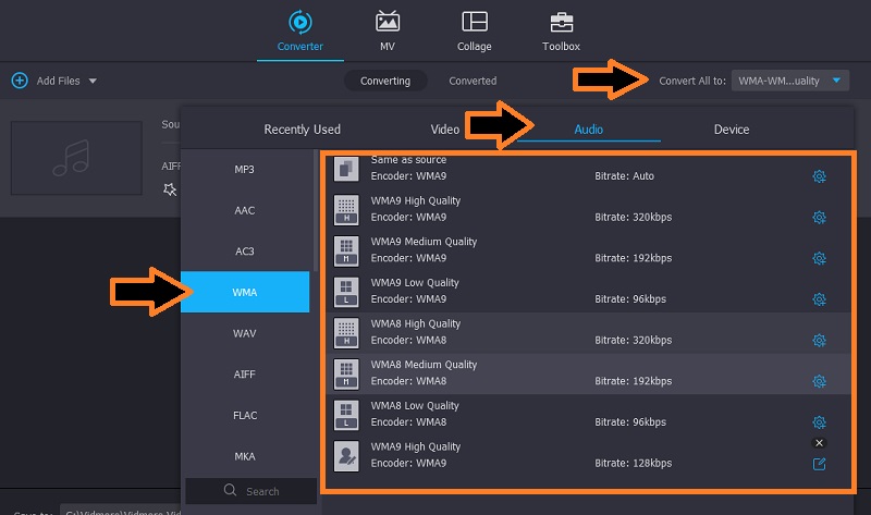 Vidmore Ses Formatını Seçin