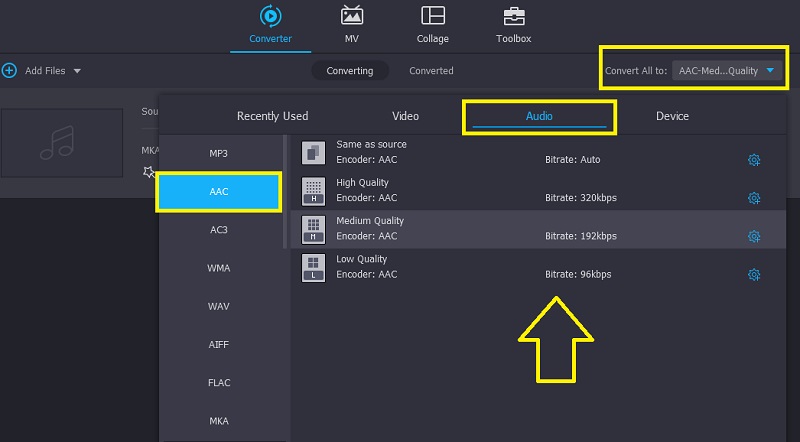 Vidmore VC Pilih Format Dan Preset