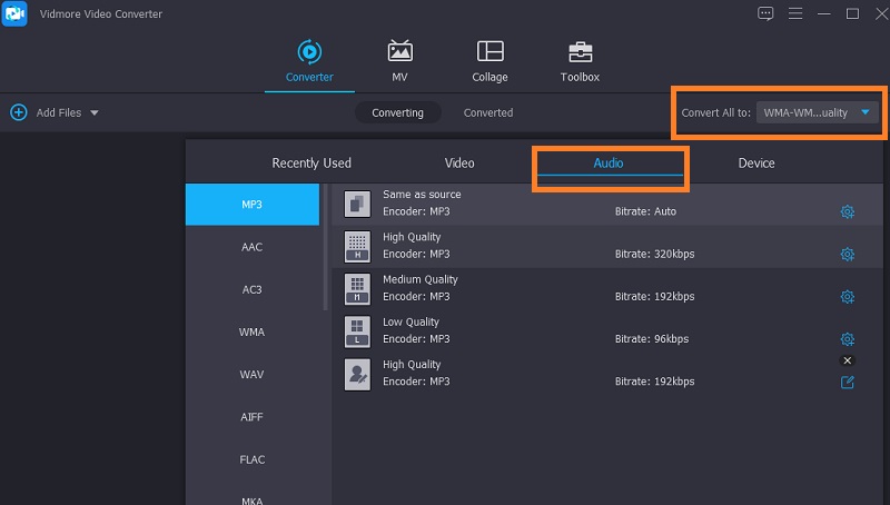 Vidmore VC Pilih Format Output MP3