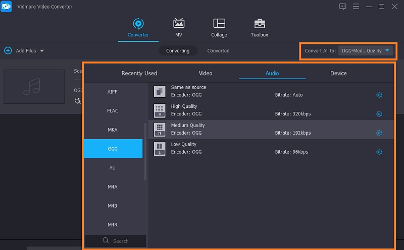 Vidmore VC Seleziona il formato audio di uscita