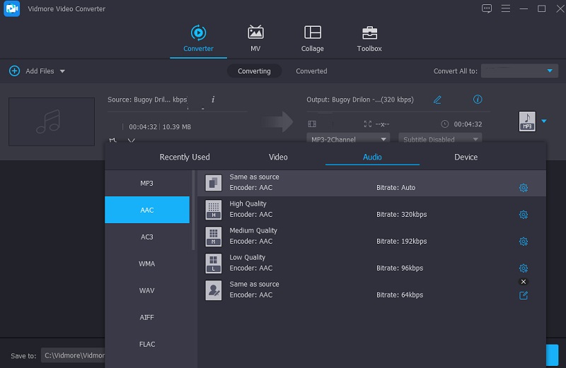 Välj AAC-format Vidmore