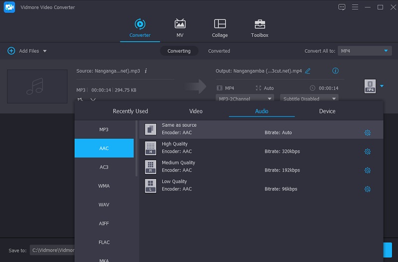 Pilih Format AAC Vidmore