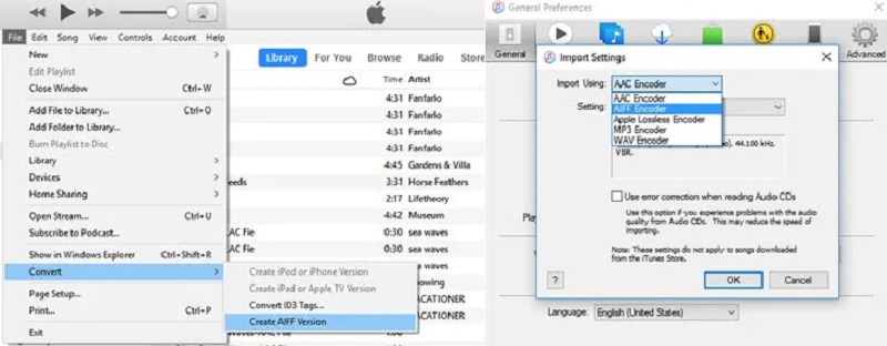 Převést MP3 na AIFF iTunes