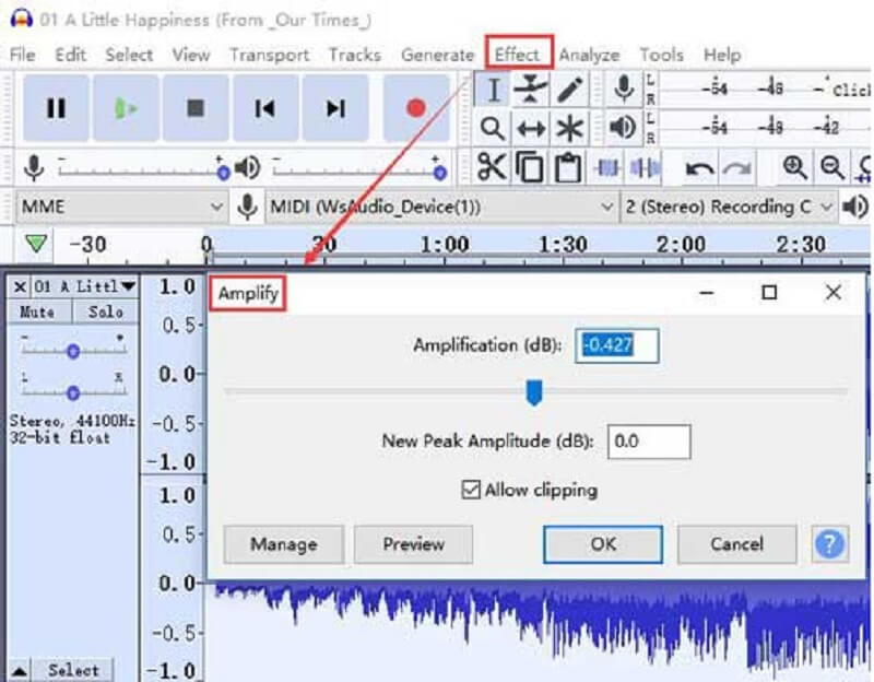 Увеличить громкость Audacity