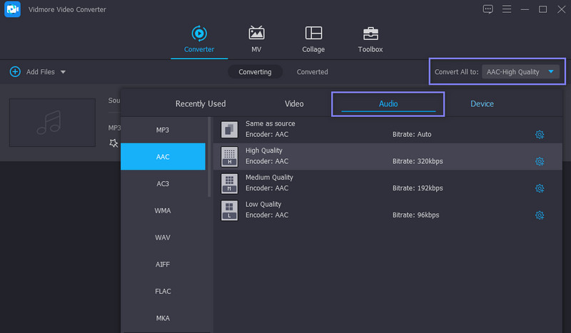 Vidmore Seleziona profilo audio