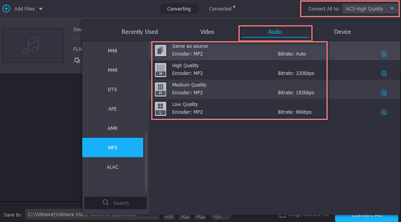 Vidmore Select Audio Setting